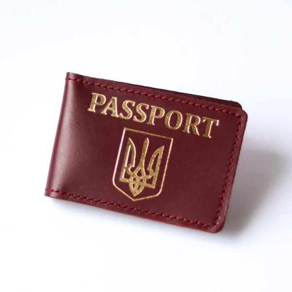 Обложка для ID-паспорта "Герб Украины+Passport", бордо с позолотой. 300002 фото