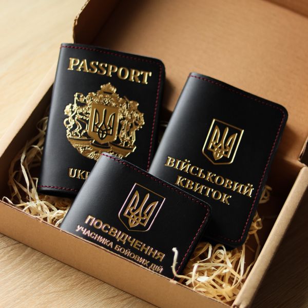 Набор "Обложки на паспорт "Passport+большой герб", военный билет, убд", черная с позолотой + красная нить 700003 фото