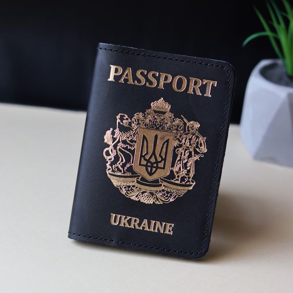 Обложка для паспорта "Passport+великий Герб Украины", черная с позолотой. 200035 фото