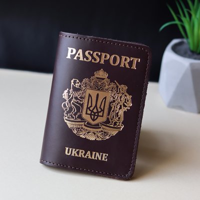 Обкладинка для паспорта "Passport+великий Герб України",темно-коричнева з позолотою. 200020 фото