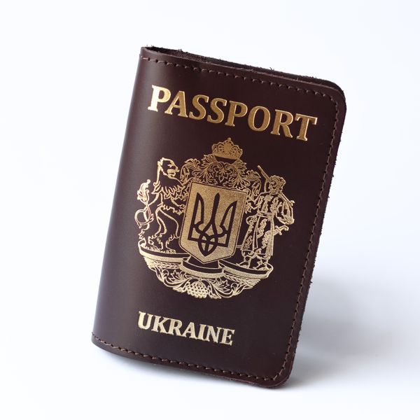 Обкладинка для паспорта "Passport+великий Герб України",темно-коричнева з позолотою. 200020 фото