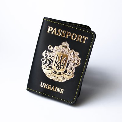 Обложка для паспорта "Passport+большой Герб Украины", черная с позолотой+жолтая нить 200015 фото