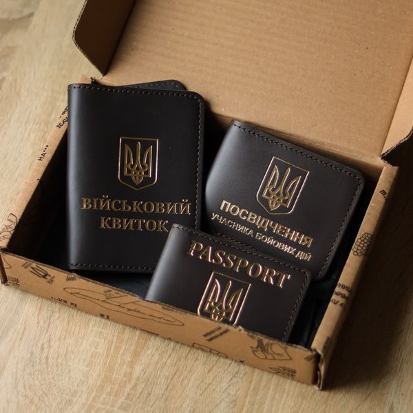 Набір "ID-карта,військовий квиток,УБД" темно-коричневий з позолотою. 700041 фото